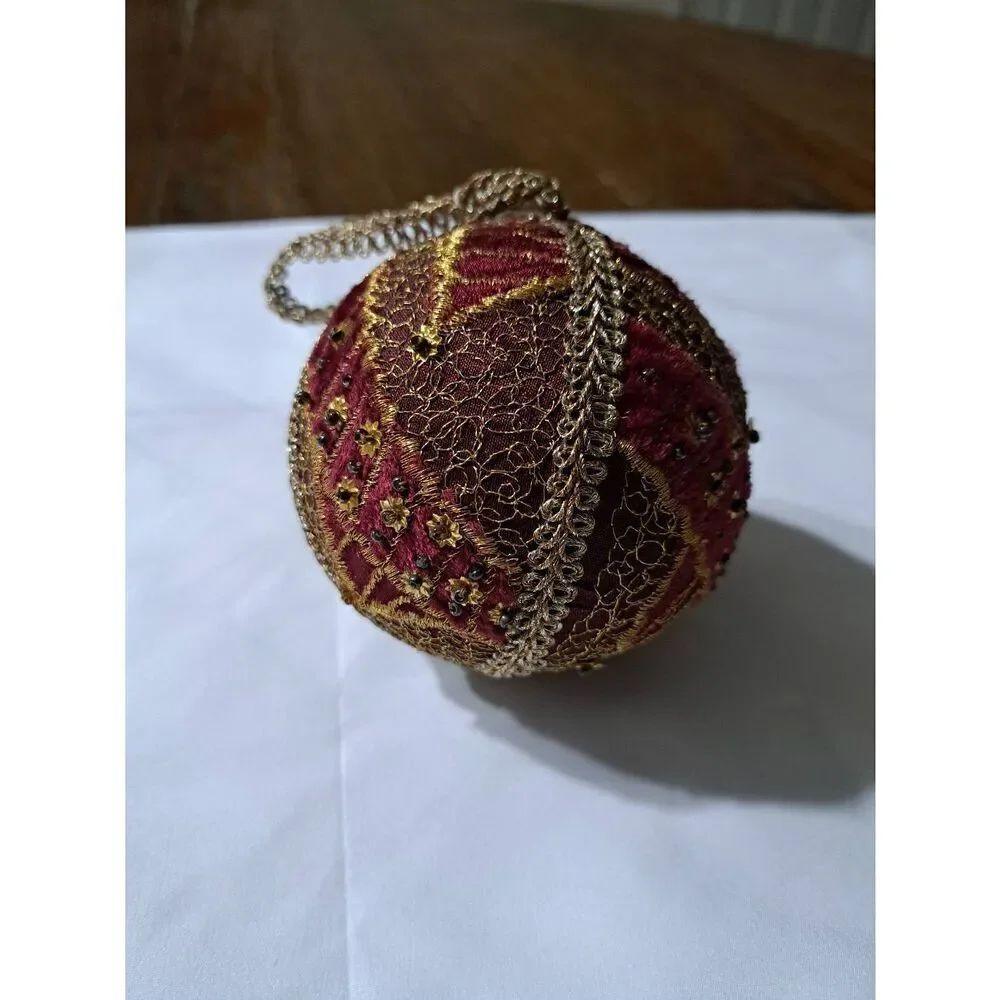 Vintage Burgandy Gold Christmas Holiday Tree Ornament Metallic Embellished